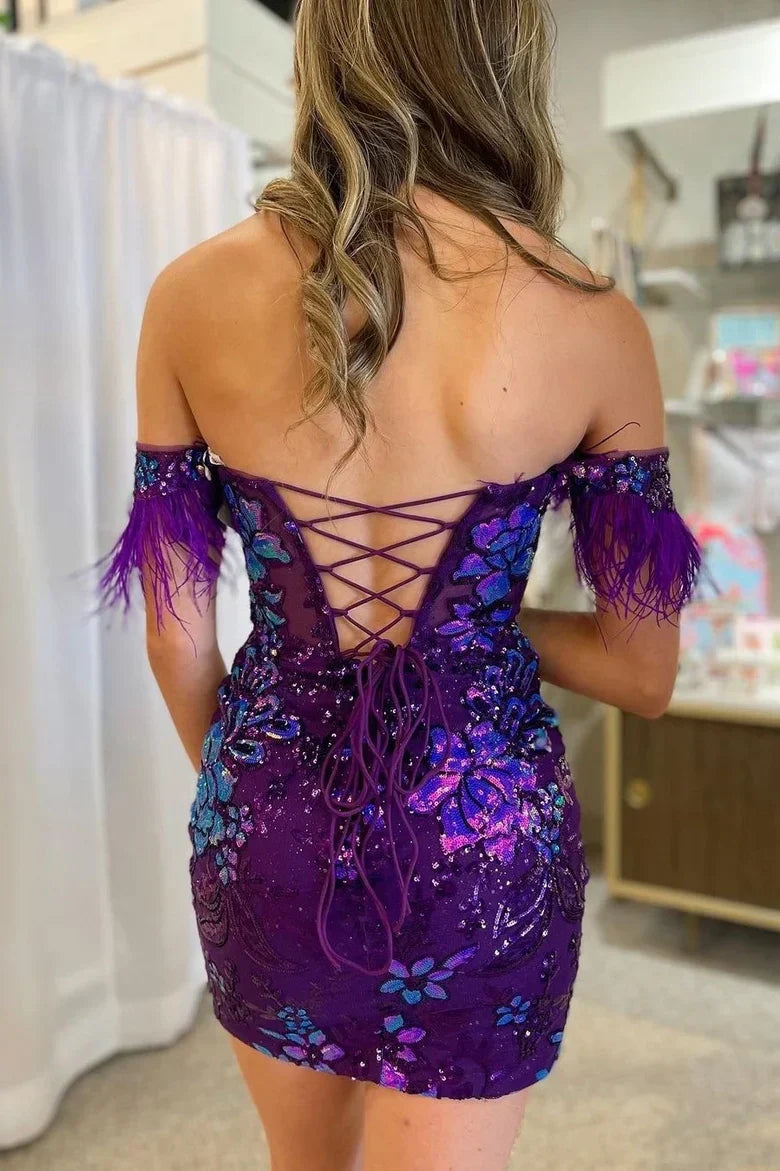  Selena | Bodycon Lace Feathers Off-the-Shoulder Short with Sequin Appliques Homecoming Dresses - Prom Dress - DYAVOR® 