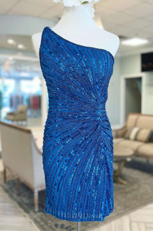  Zariyah | Blue Beaded One-Shoulder Short Cocktail Dress - Prom Dress - DYAVOR® 