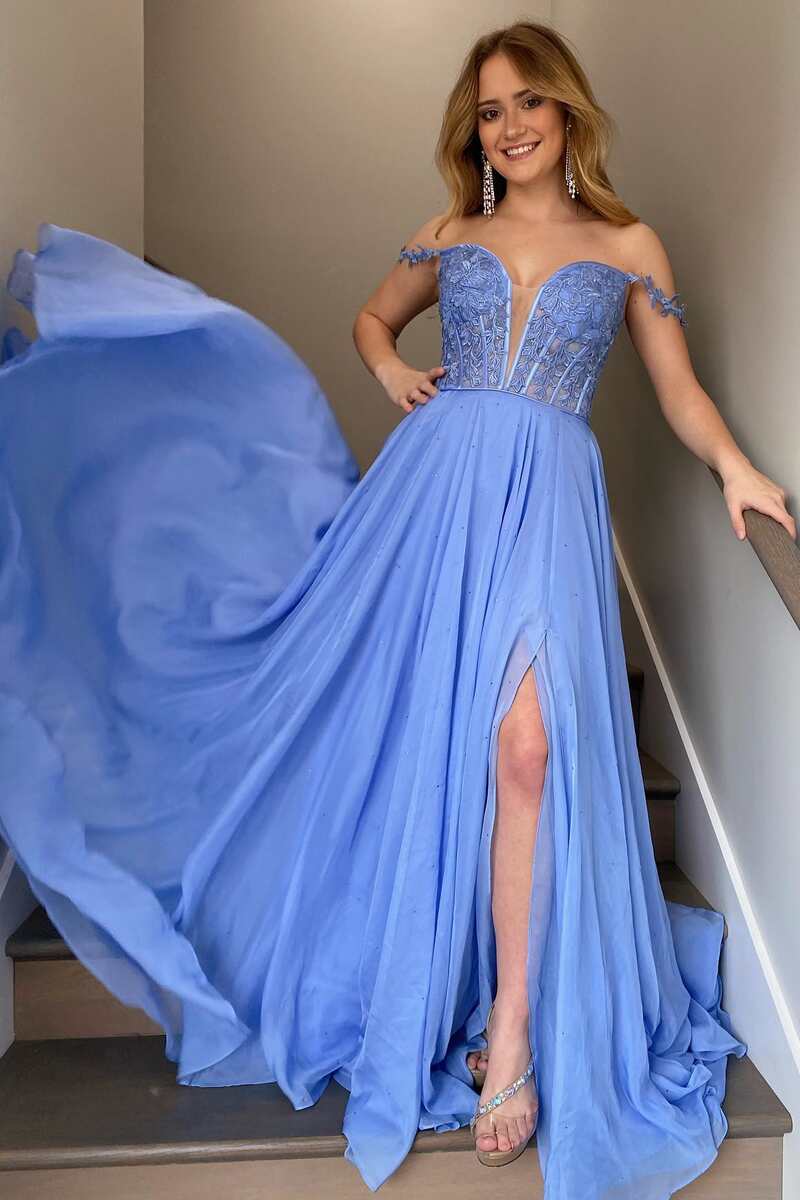  Periwinkle Off-the-Shoulder A-line Princess Prom Gown - Prom Dress - DYAVOR® 