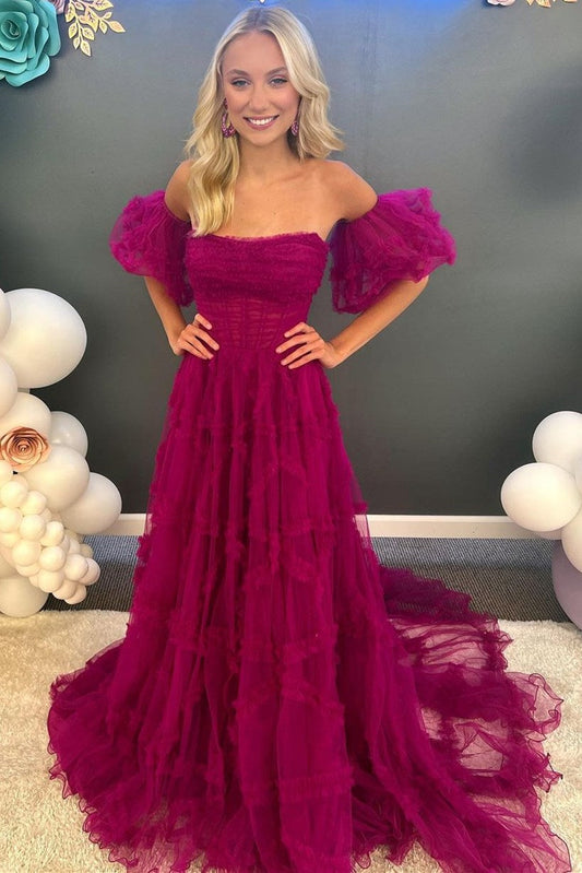  Lainey |A-Line Strapless Ruffles Long Formal Dress with Puff Sleeves - Prom Dress - DYAVOR® 