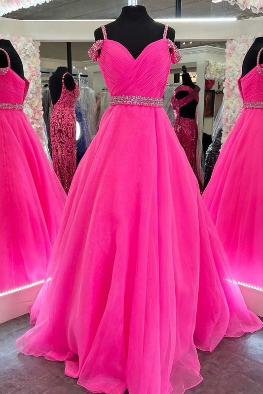  Hot Pink Beaded Cold-Shoulder A-Line Prom Dress - Prom Dress - DYAVOR® 