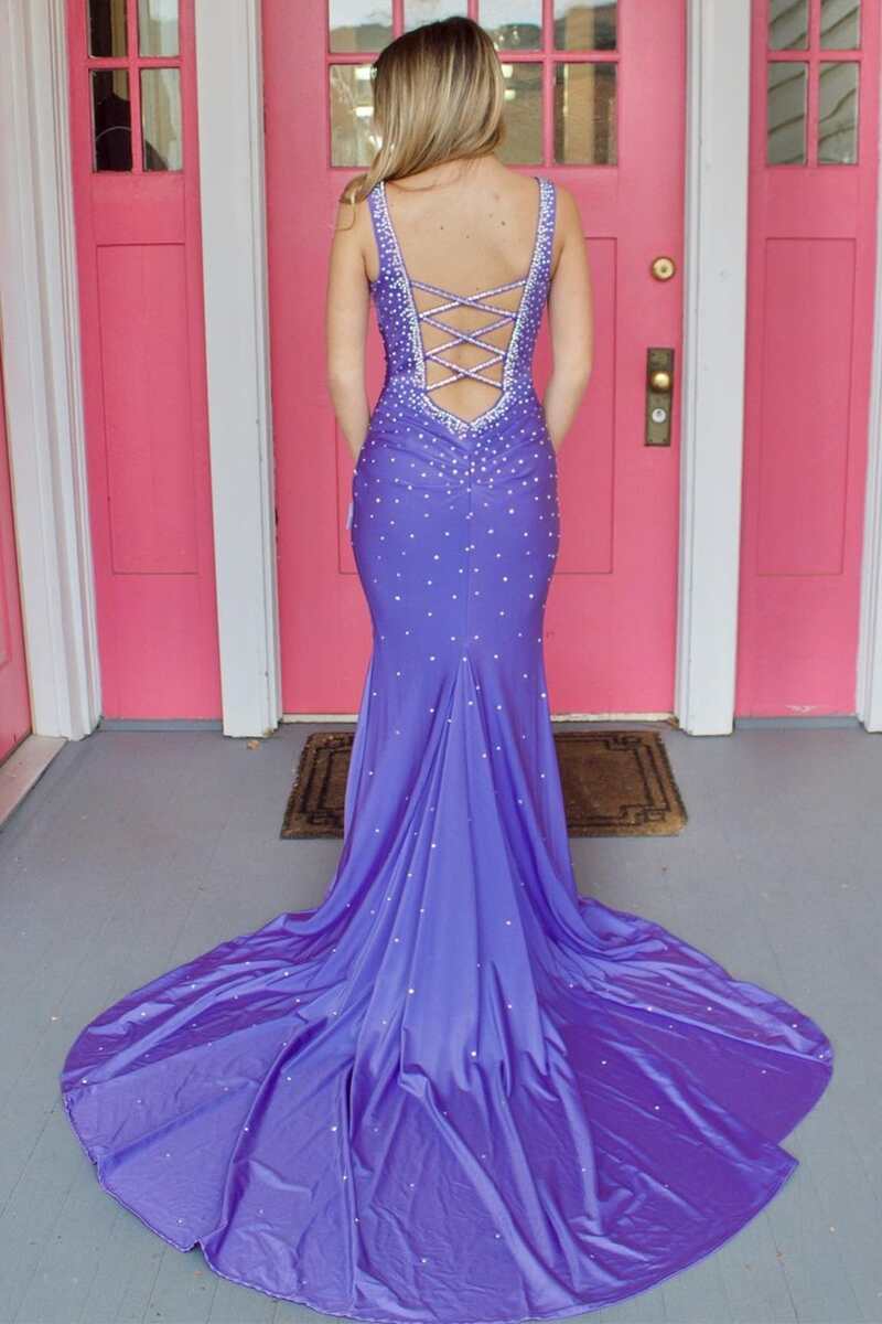  Elle |Mermaid V-Neck Beaded Satin Prom Dress with Cross Back - Prom Dress - DYAVOR® 