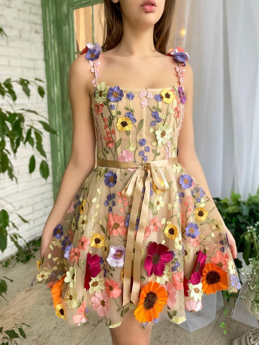  Sophie | A Line Floral Short Homecoming Dress With 3D Flowers - Homecoming Dress - DYAVOR® 