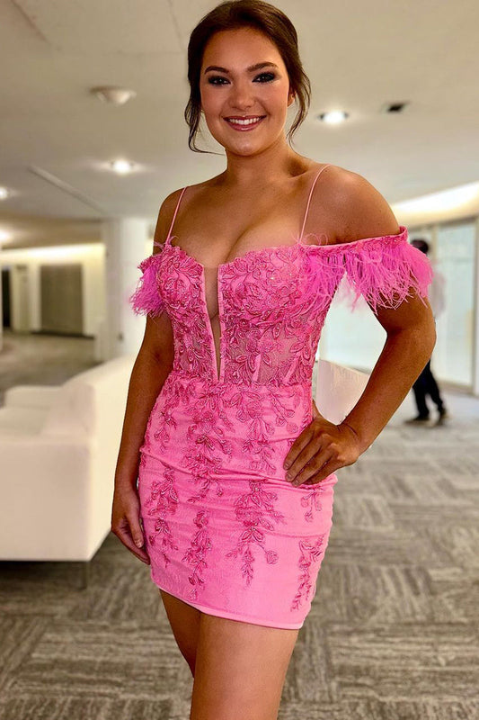  Queenie |Sheath Off the Shoulder Pink Lace Homecoming Dress - Homecoming Dress - DYAVOR® 