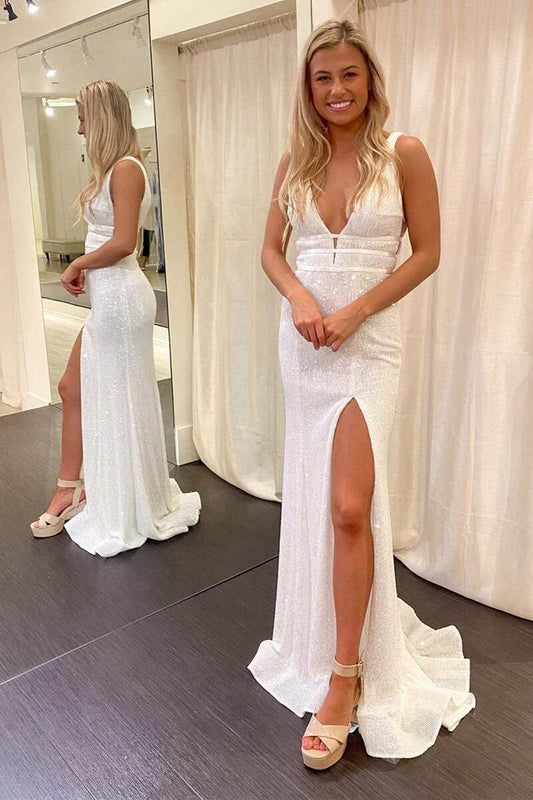  White Sequined V-Neck Mermaid Prom Dress with Slit - Prom Dress - DYAVOR® 