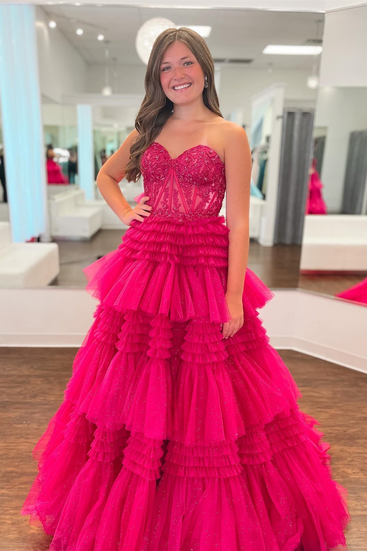  Adelyn |Fuchsia A-Line Sweetheart Tiered Tulle Prom Dress - Dresses - DYAVOR® 