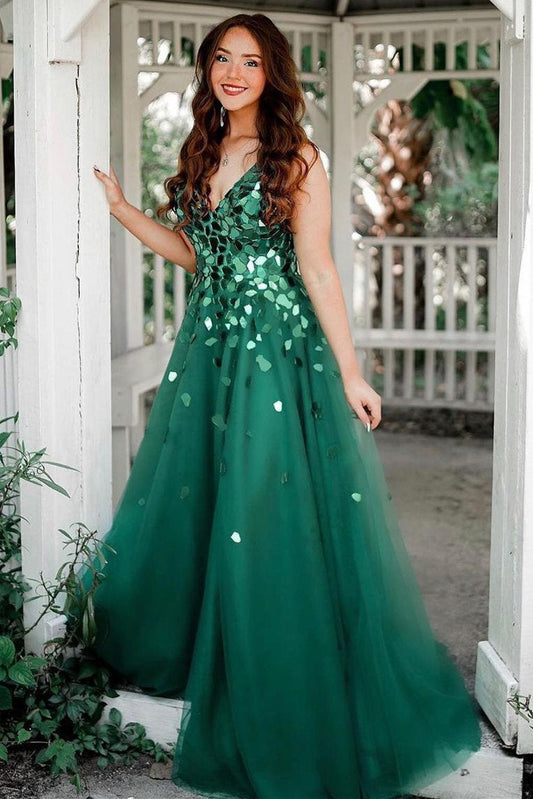  Shelly | A-Line Green V-Neck Sequins Long Prom Dress - Prom Dress - DYAVOR® 