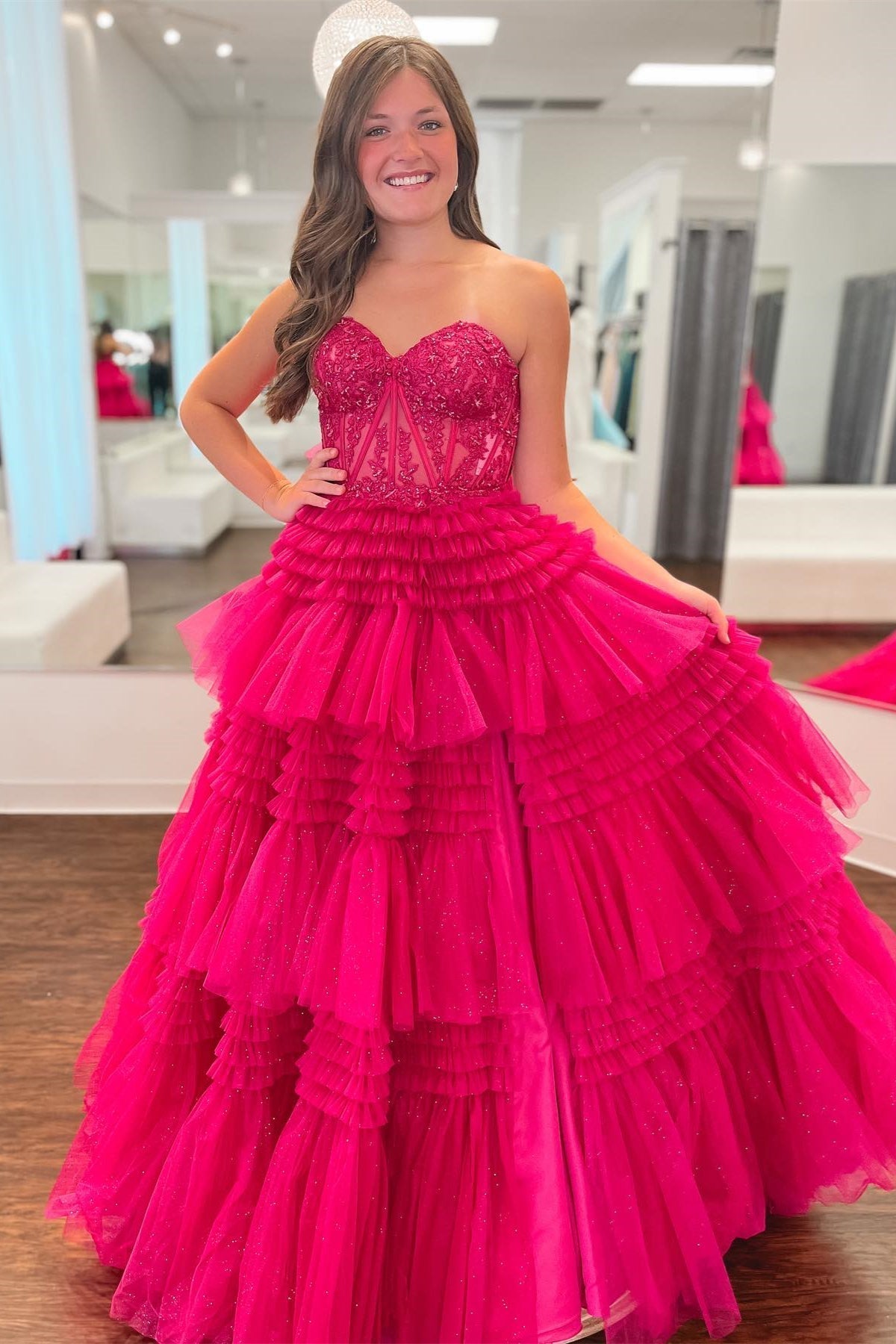  Adelyn |Fuchsia A-Line Sweetheart Tiered Tulle Prom Dress - Dresses - DYAVOR® 