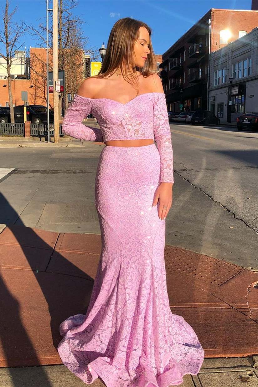  Off the Shoulder Pink Lace Long Prom Dress - Prom Dresses - DYAVOR® 