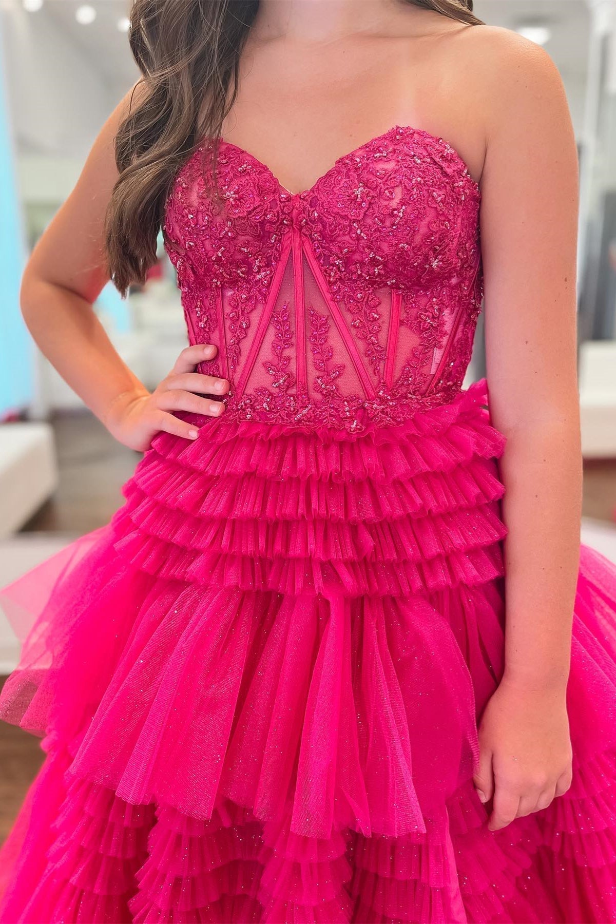  Adelyn |Fuchsia A-Line Sweetheart Tiered Tulle Prom Dress - Dresses - DYAVOR® 