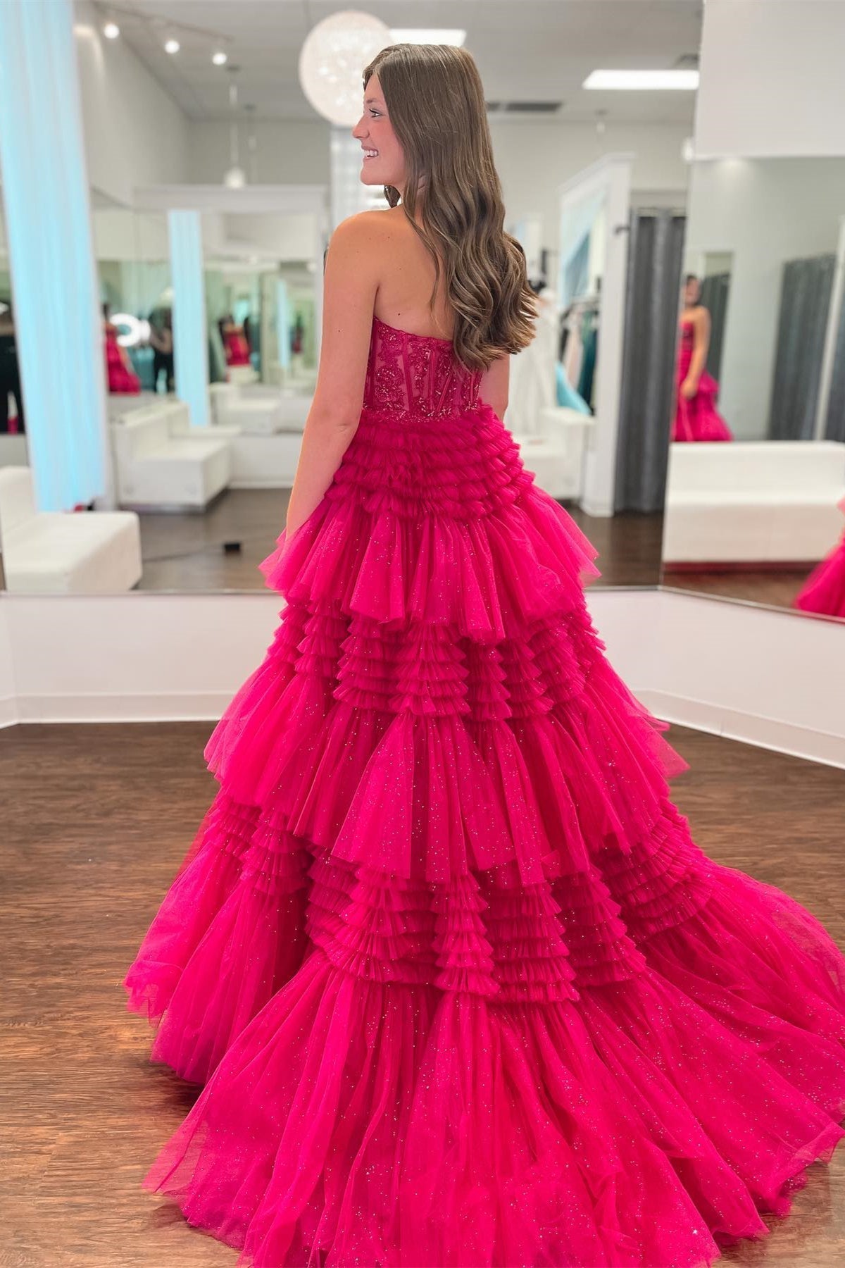  Adelyn |Fuchsia A-Line Sweetheart Tiered Tulle Prom Dress - Dresses - DYAVOR® 