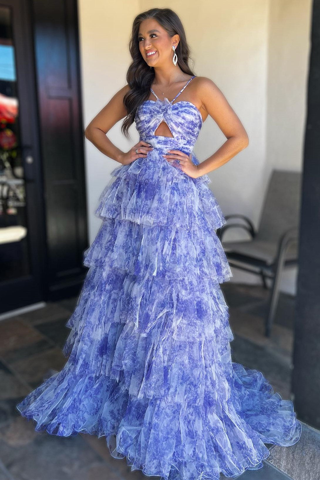 Emmeline| Blue Print Halter Keyhole Ruffle Tiered Long Prom Dress