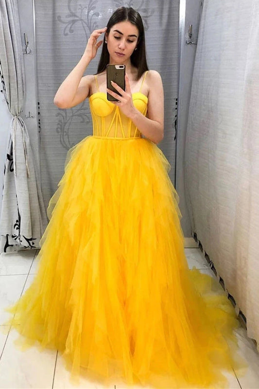  Vivian | Spaghetti Straps Yellow Tulle Long Formal Dress - Prom Dress - DYAVOR® 