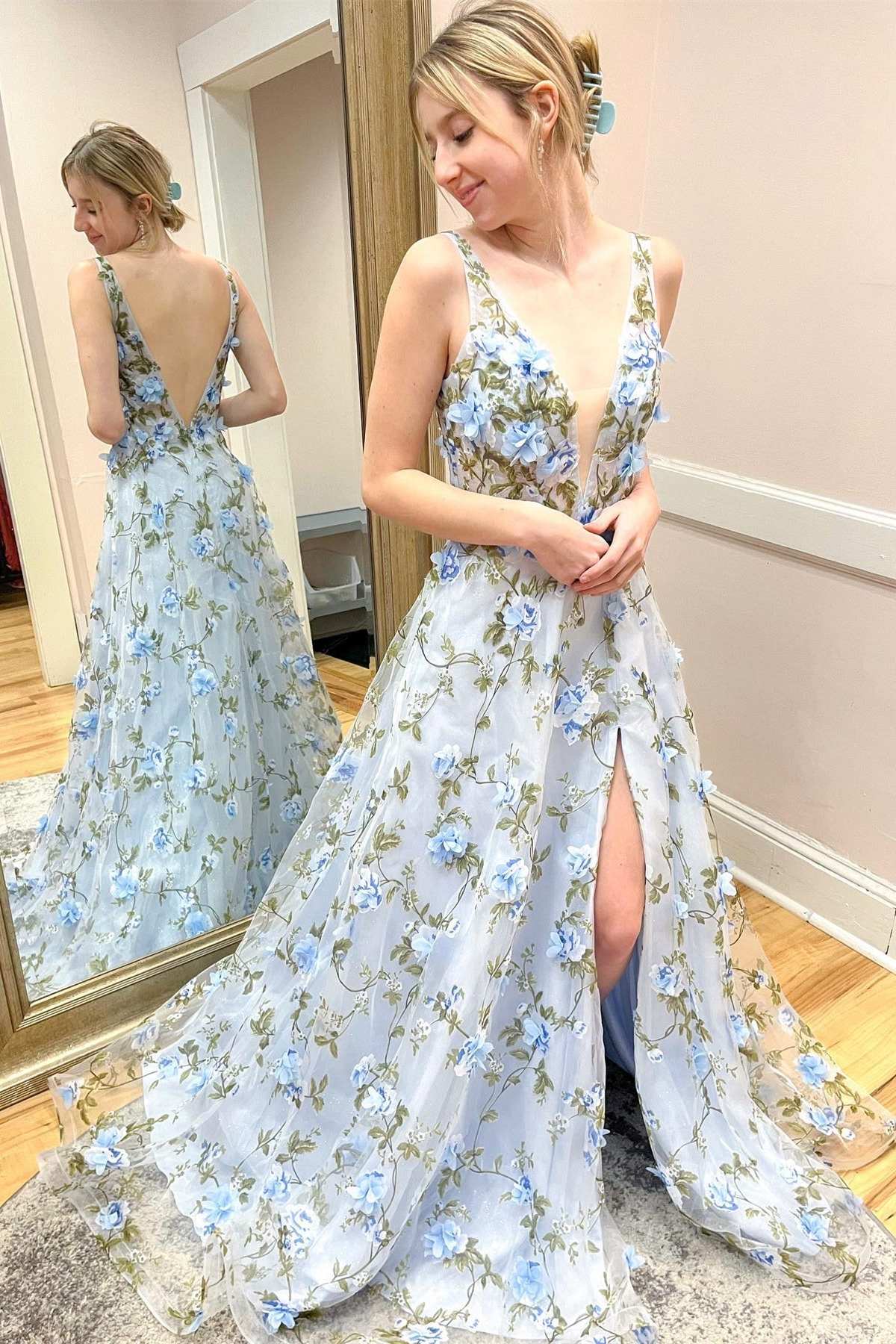  Light Blue Organza Plunge V A-Line Long Prom Dress with 3D Floral Lace - Prom Dress - DYAVOR® 