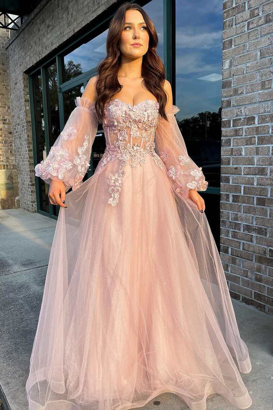  Pink Tulle Strapless A-Line Prom Dress with Balloon Sleeves - Prom Dress - DYAVOR® 