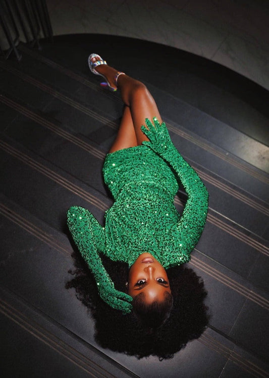  Green Mini Dress with Long Glove Sleeves -  - DYAVOR® 