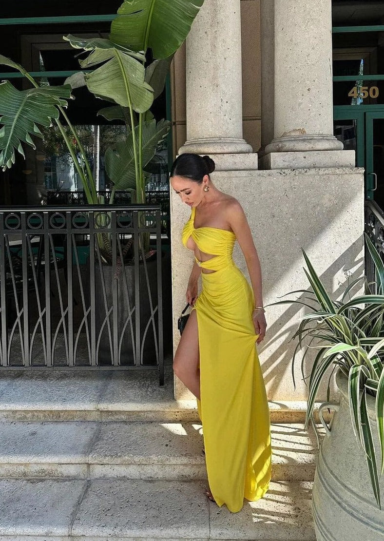 Yellow One-Shoulder Maxi Dress with Cutouts