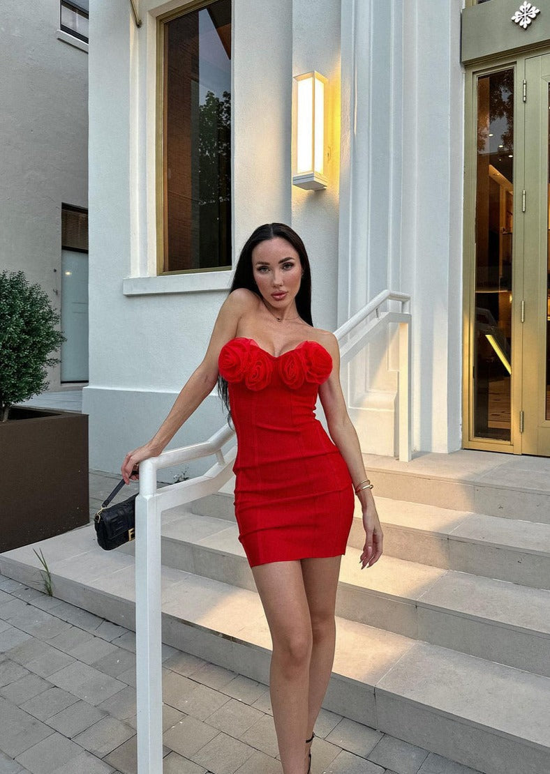 Red Bodycon Mini Dress with Flowers -  - DYAVOR® 