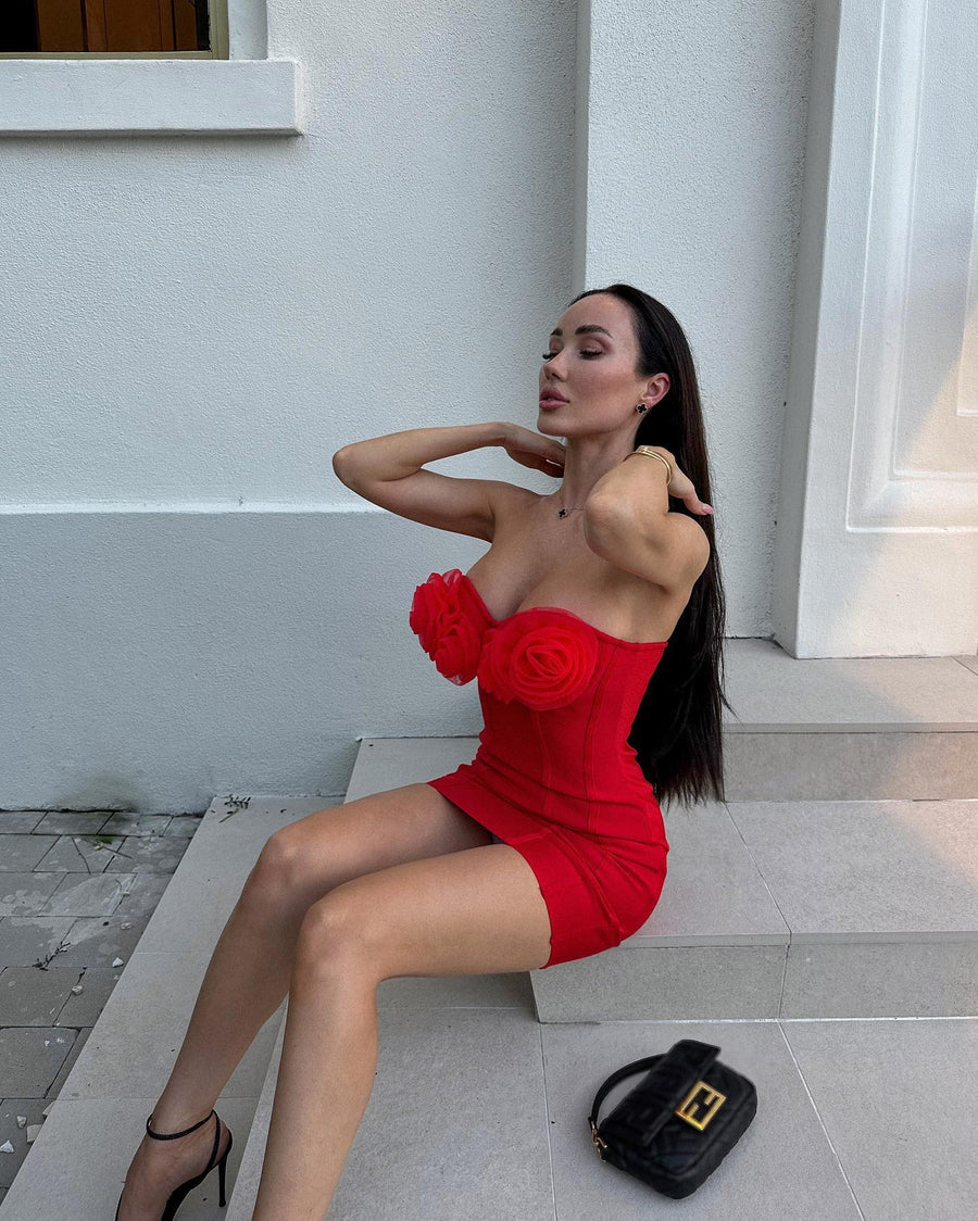  Red Bodycon Mini Dress with Flowers -  - DYAVOR® 