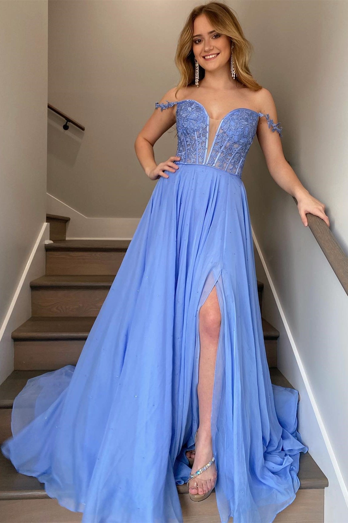  Periwinkle Off-the-Shoulder A-line Princess Prom Gown - Prom Dress - DYAVOR® 