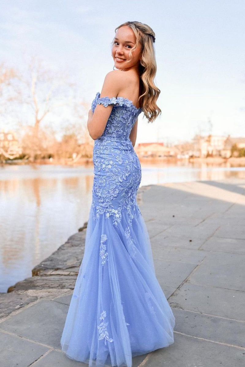  Lavender Off the Shoulder Tulle Appliques Mermaid Long Prom Dresses - Prom Dress - DYAVOR® 