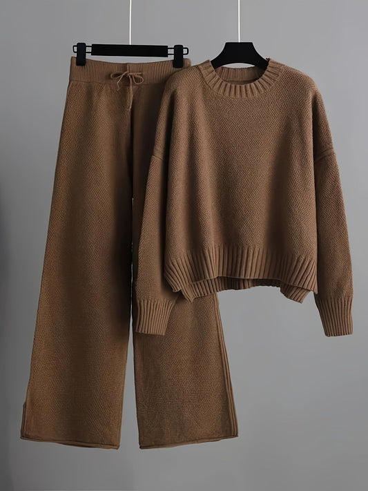  Knitted Ladies Outfit set Pants + Sweater | Drop Shoulder - Casual - Solid Colors - Drawstring Waist - Wide Legs - 05/112024 1 - DYAVOR® 