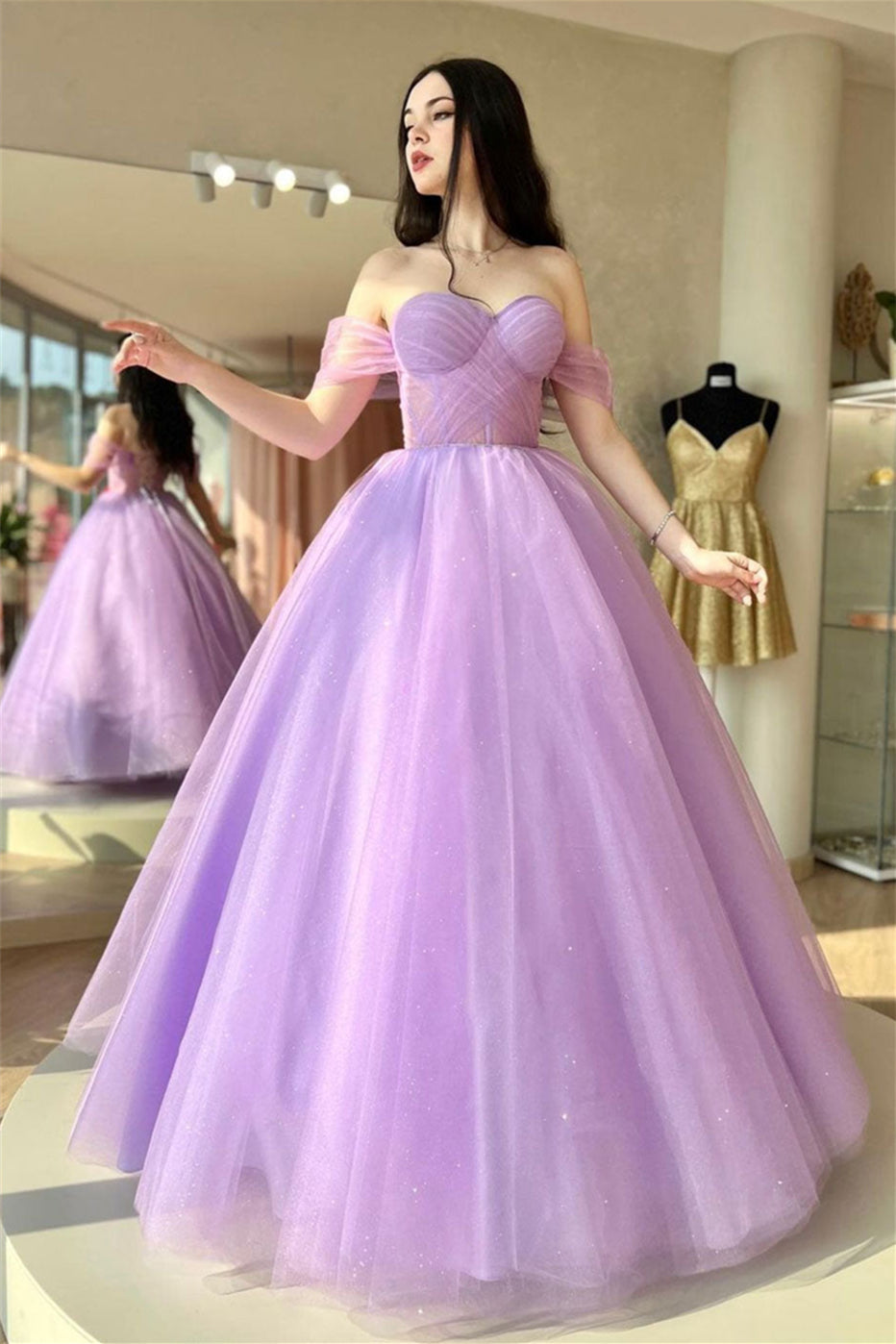  Tia | Lilac Off-the-Shoulder Lace-Up Tulle Long Prom Dress - Prom Dress - DYAVOR® 