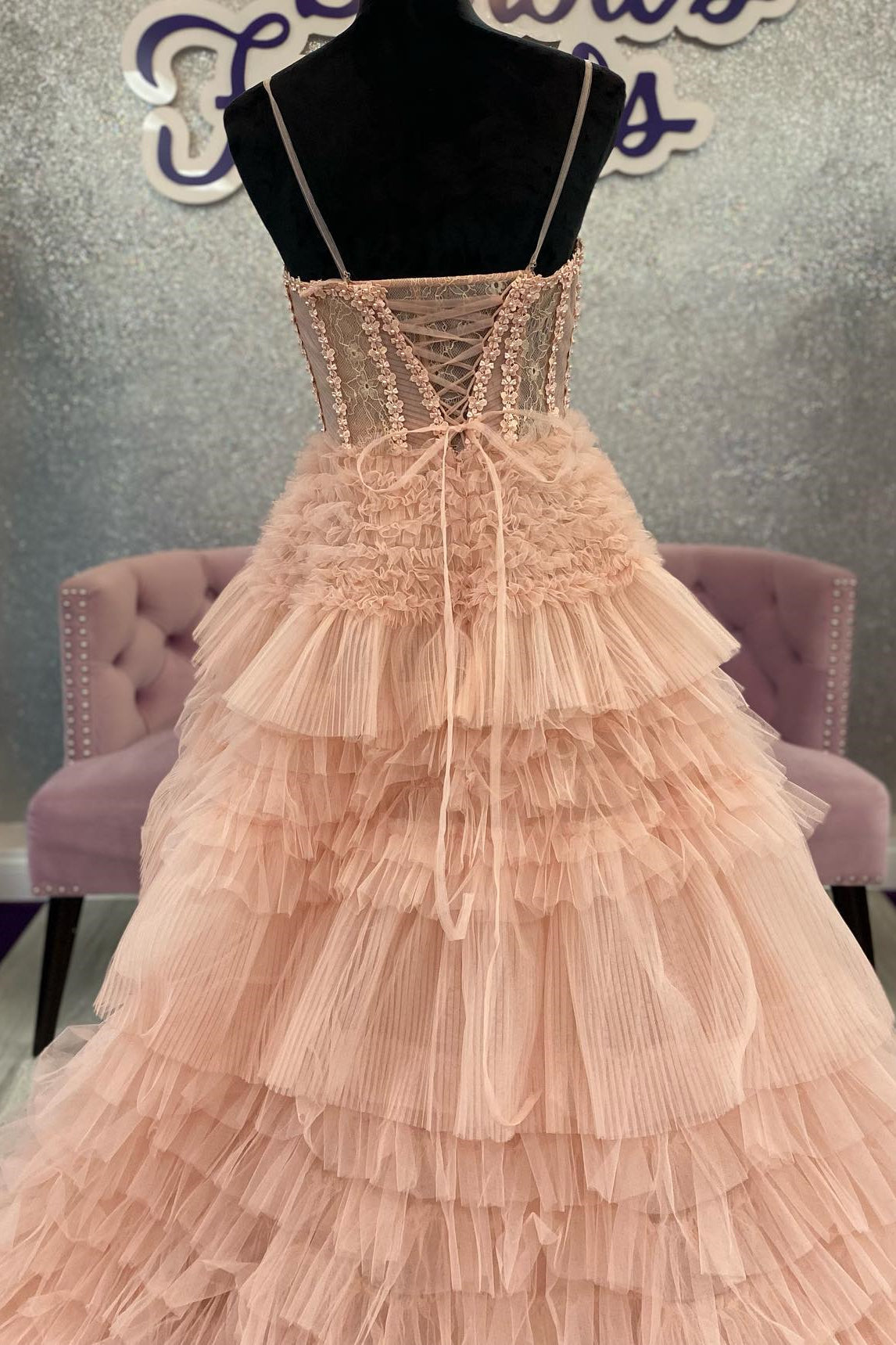 Averi | Blushing Pink Tulle Ruffle Layers Lace-Up Back A-Line Prom Dress - Prom Dress - DYAVOR® 