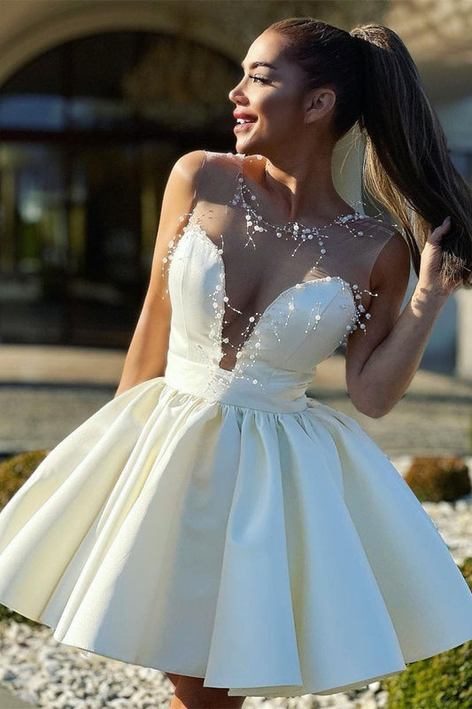  Seraphina |A-Line Illusion Neck Ivory Short Homecoming Dress with Beads - Homecoming Dress - DYAVOR® 