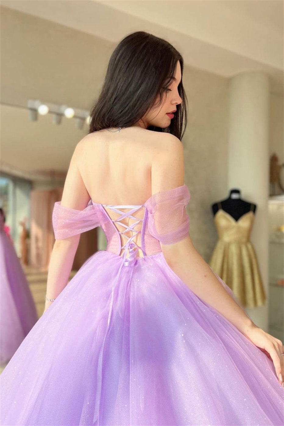  Tia | Lilac Off-the-Shoulder Lace-Up Tulle Long Prom Dress - Prom Dress - DYAVOR® 