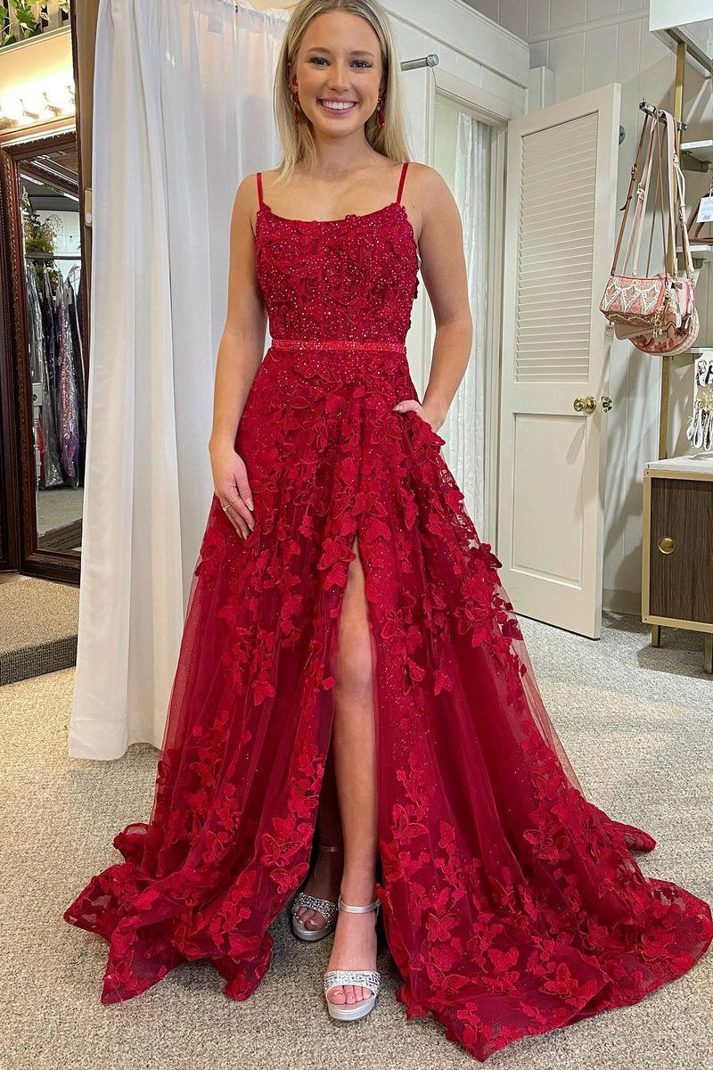  Shana | Cute A Line Scoop Neck Red Lace Prom Dresses with Beading - Prom Dress - DYAVOR® 