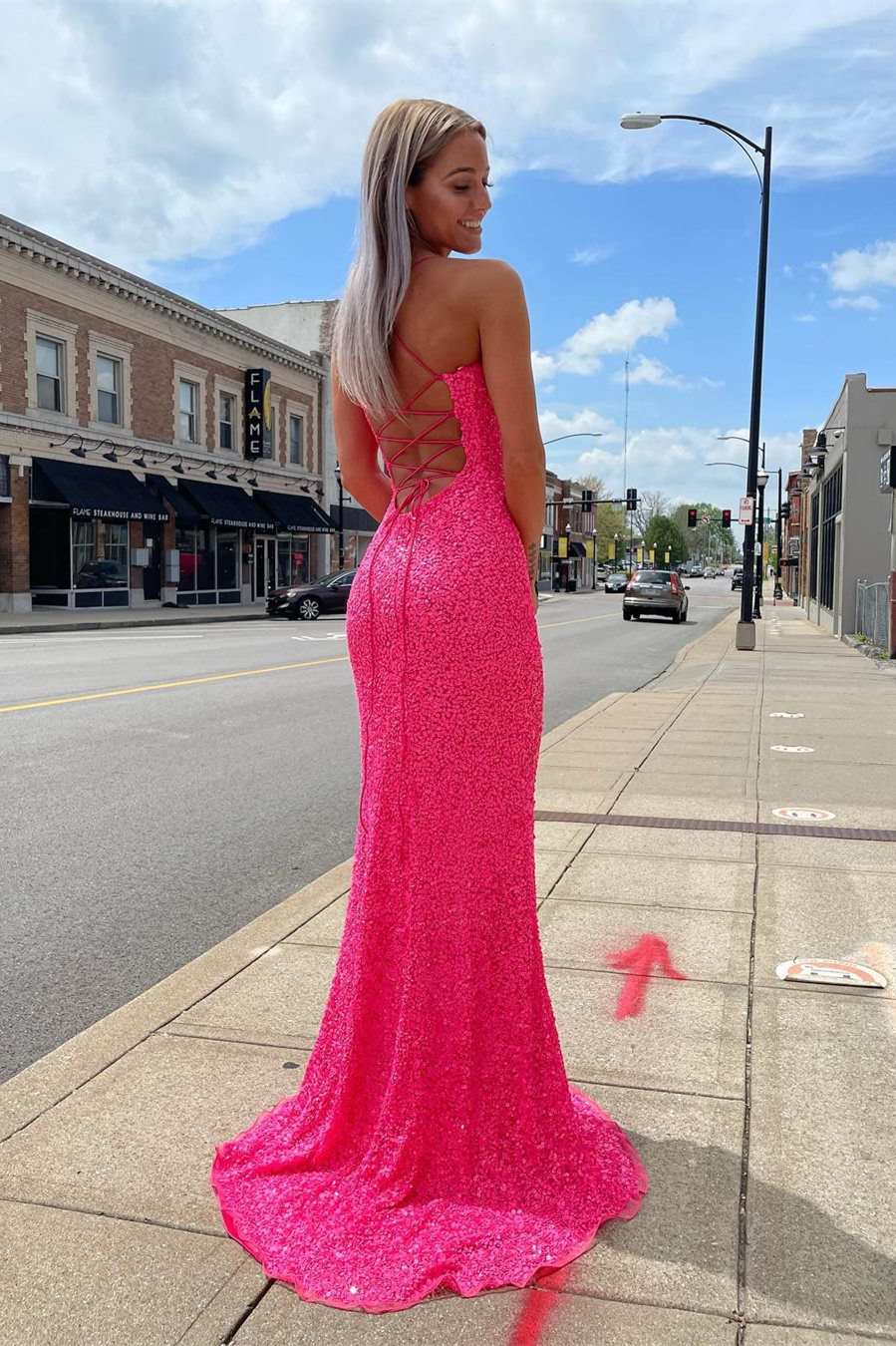  Glitter Straps Hot Pink Sequins Prom Gown with Slit - Prom Dresses - DYAVOR® 