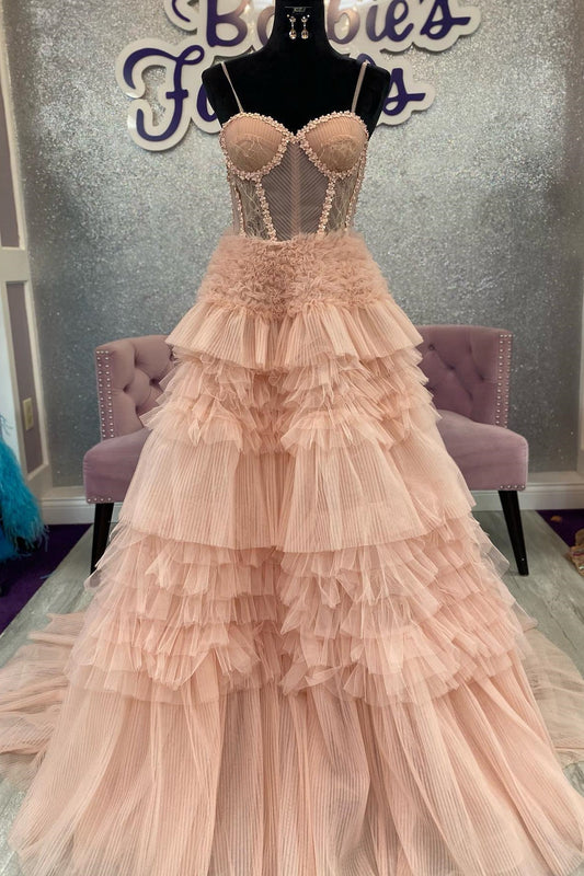  Averi | Blushing Pink Tulle Ruffle Layers Lace-Up Back A-Line Prom Dress - Prom Dress - DYAVOR® 
