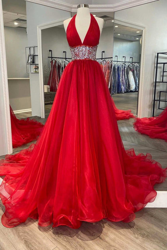  Red Beaded Halter Backless A-Line Long Prom Gown - Prom Dress - DYAVOR® 