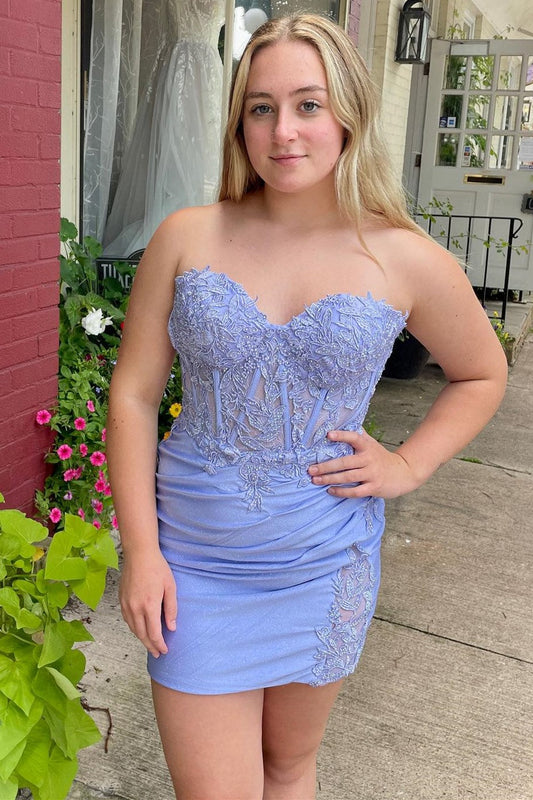  Kaliyah | Periwinkle Appliques Strapless Sheer Bodice Ruched Short Dress - Prom Dress - DYAVOR® 