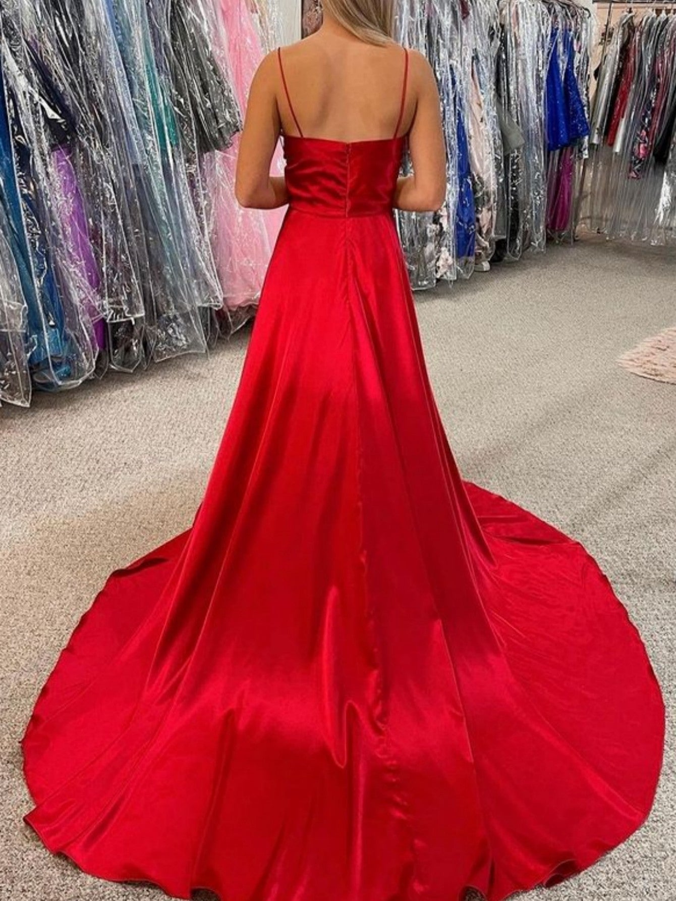  Araya |A Line Cowl Neck Satin Prom Dress With Slit - Prom Dress - DYAVOR® 