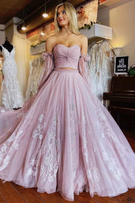  Two-Piece Dusty Pink Strapless A-Line Prom Dress with Sleeves - Prom Dress - DYAVOR® 