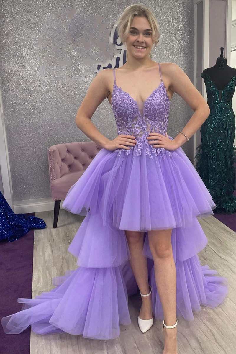  Heaven | High-Low Lavender Lace V-Neck Tiered Prom Dress - Prom Dress - DYAVOR® 