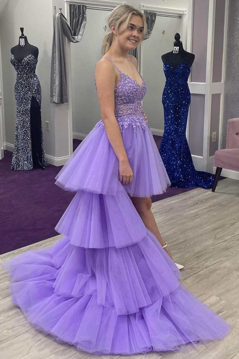  Heaven | High-Low Lavender Lace V-Neck Tiered Prom Dress - Prom Dress - DYAVOR® 