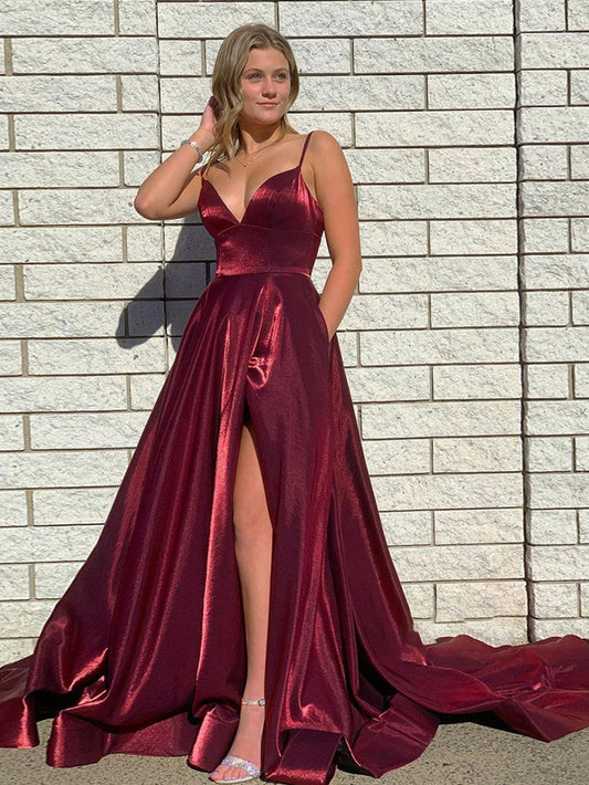  DarkRed Satin A Line Tight Long Prom Dress With Slit - Prom Dress - DYAVOR® 