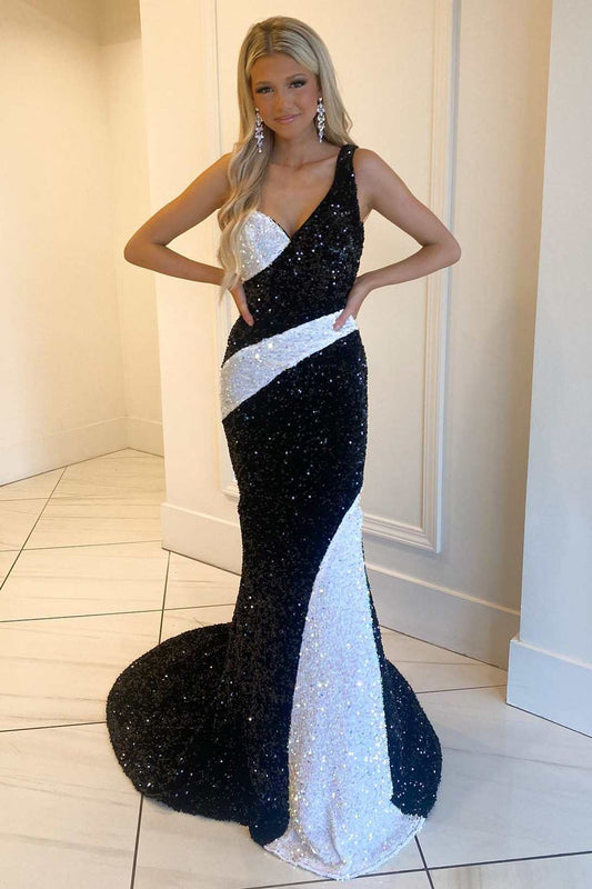  Black and White Sequin One-Shoulder Mermaid Long Prom Gowm - Prom Dress - DYAVOR® 
