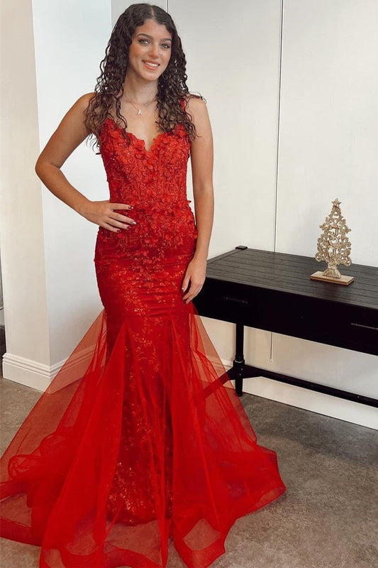  Red Appliqués V-Neck Lace-Up Trumpet Long Prom Dress - Prom Dress - DYAVOR® 