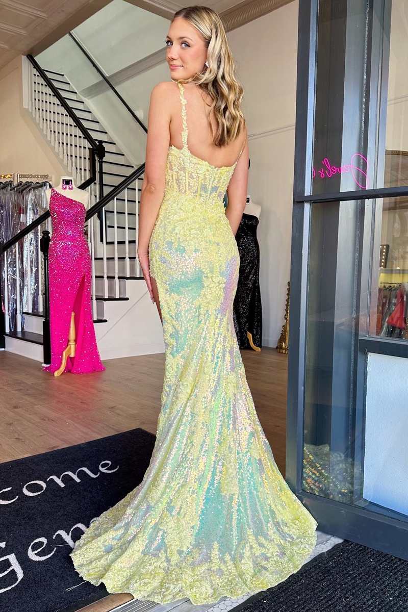  Chandler | Yellow Sequin Appliques Scoop Neck Mermaid Long Prom Dress with Slit - Prom Dress - DYAVOR® 