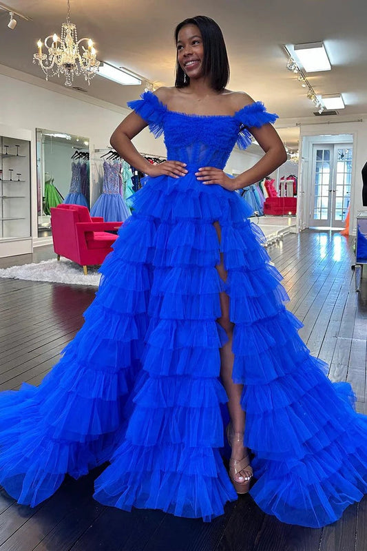  Adalynn | Royal Blue Off the Shoulder Ruffle Tiered Tulle Long Prom Dresses with Slit - Prom Dress - DYAVOR® 