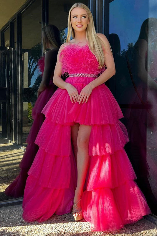  Marie| A-line High-Low Strapless Ruffled Tulle Prom Dress with Feathers - Prom Dress - DYAVOR® 