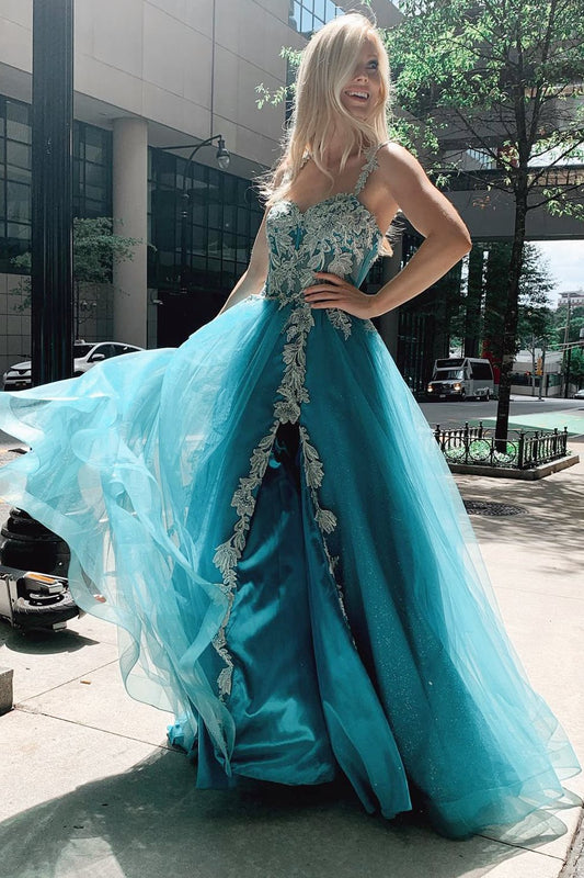  Turquoise Tulle Floral Appliques Sweetheart A-Line Prom Gwon - Prom Dress - DYAVOR® 