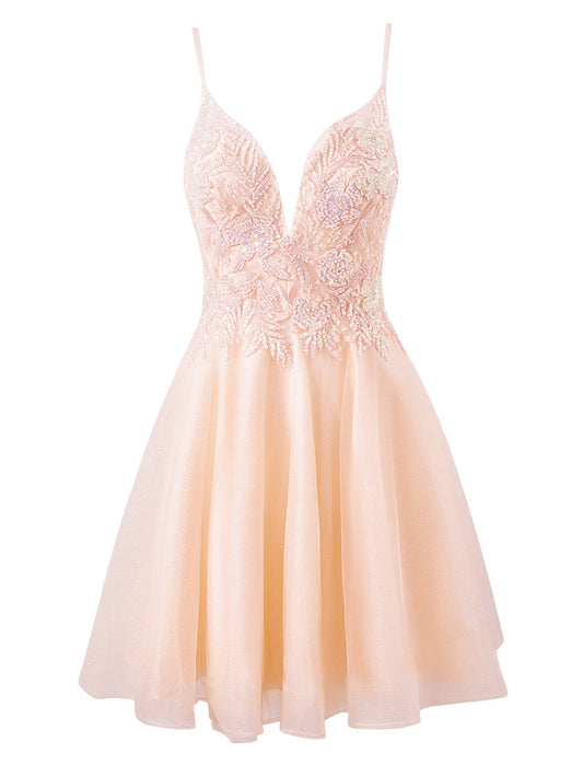  Grace | A-line Short Spaghetti Strap Glitter Tulle Homecoming Dress - Cocktail Dress - DYAVOR® 