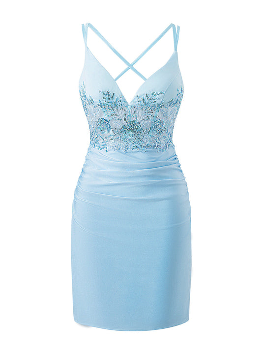  Ella Blue | Sheath Short V Neck Jersey Homecoming Dress - Cocktail Dress - DYAVOR® 