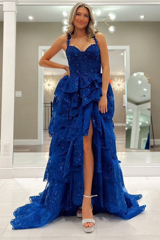  Maisy| Blue Tulle Sequin Sweetheart Ruffle Tiered Long Gown - Prom Dress - DYAVOR® 