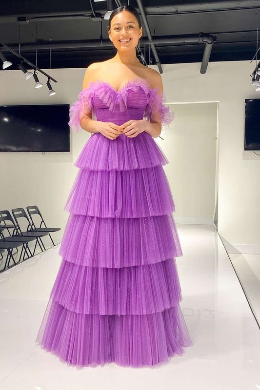  Purple Off-the-Shoulder Multi-Tiered Long Prom Gown - Prom Dress - DYAVOR® 